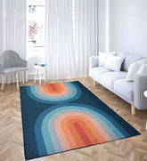 Machine washable blue and coral patterned rug.